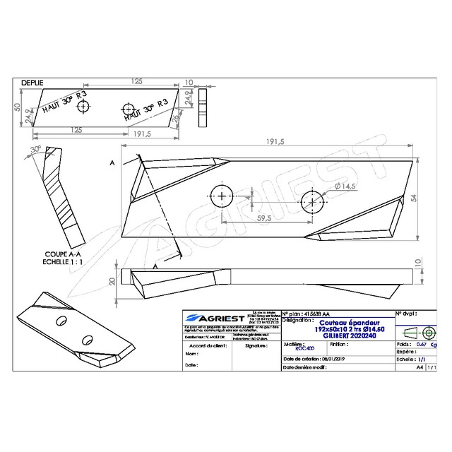 Couteau Epandeur 192X50X10 2 TRS Ø14,5 EA 59,5 Adaptable Gilibert 2020240D référence fournisseur 415638
